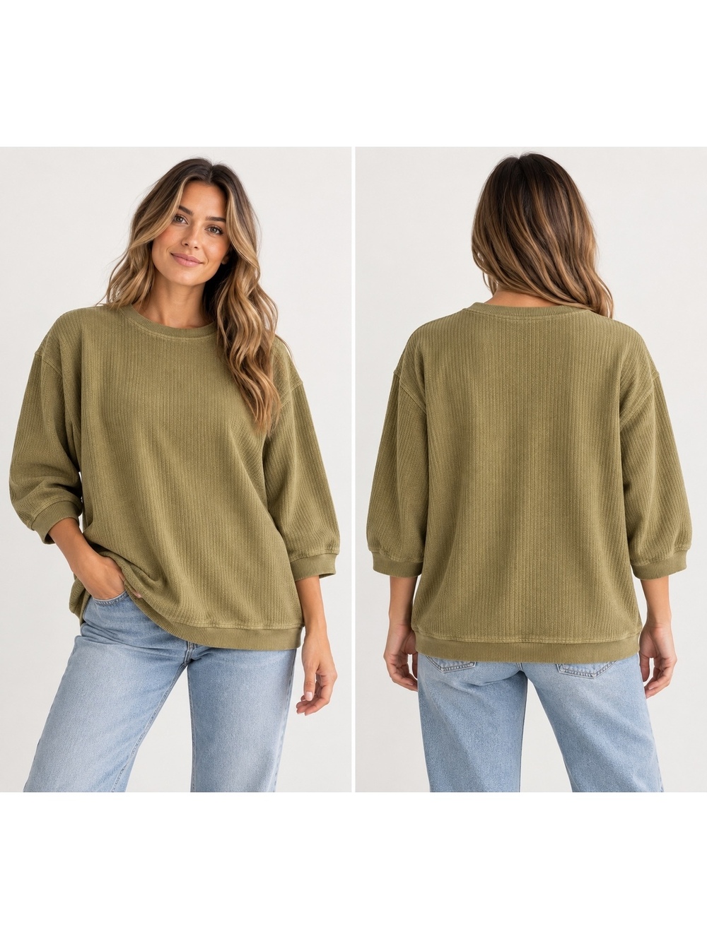 Aerie Big Chill Oversized Corded Ribbed 3/4 Sleeve Sweatshirt Olive Green S